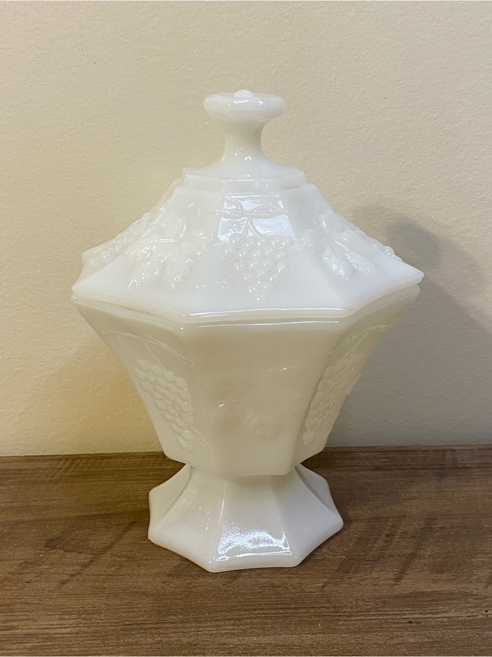 Vintage White Milk Glass Octagon Leaves & Grapes Lidded Candy Trinket Dish